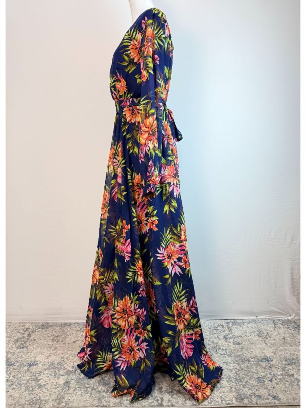 Renn Womens XL Tropical Floral Maxi Dress Blue Long Sleeve Belted NWT - Picture 5 of 16